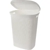 Bathroom Solutions Wasmand met deksel rotan gevlochten - wit - kunststof - 60 liter - 60 x 46 x 37 cm - Wasmanden