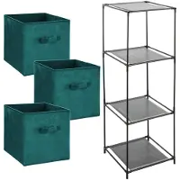 Bathroom Solutions Kastmandjes/opberg mandjes - groen velours - 3x stuks van 29 Liter - In rekje van 34 x 98 cm - Opbergmanden