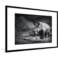 PosterMonkey Fotolijst incl. Poster - Neushoorn - Natuur - Gras - Zwart - Wit - 90x60 cm - Posterlijst