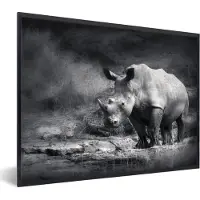 PosterMonkey Fotolijst incl. Poster - Neushoorn - Natuur - Gras - Zwart - Wit - 40x30 cm - Posterlijst