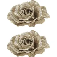 COSY&TRENDY 3x stuks decoratie bloemen roos champagne glitter op clip 10 cm - Decoratiebloemen/kerstboomversiering