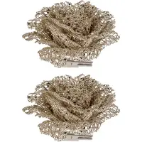 COSY&TRENDY 3x stuks decoratie bloemen roos champagne glitter op clip 10 cm - Decoratiebloemen/kerstboomversiering