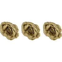 COSY&TRENDY 3x stuks decoratie bloemen roos goud glitter op clip 18 cm - Decoratiebloemen/kerstboomversiering/kerstversiering