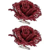 COSY&TRENDY Kerstboomversiering Bloemen - 3x - 10 cm - rood glitter - op clip - ornament