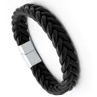 Victorious Gevlochten Leren Armband Heren – RVS Roestvrij Staal Sluiting – Zwart/Zilver – 19.5cm