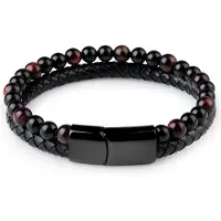 Victorious Leren Natuurstenen Armband Heren – Zwart Leer en Granaat Natuurstenen – Zwart/Rood – 22cm