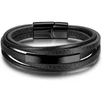 Victorious Leren Armband Heren – Zwarte Stroken Leer & Zwarte Elementen – Zwart – 19cm
