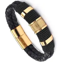 Victorious Leren Armband Heren – Dubbel Leer & RVS Roestvrij Staal– Zwart/Goudkleurig – 22cm