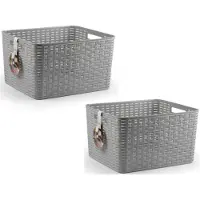 Merkloos 2x Kunststof geweven opbergbakken/opbergmanden zilver 28,5 liter - Opbergbox