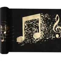 SANTEX muziek thema tafelloper op rol - 5 m x 30 cm - zwart/goud - non woven polyester - Feesttafelkleden