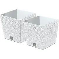 Prosperplast Plantenpot/bloempot Furu Stripes - 2x - voor buiten - kunststof - wit - vierkant - D24 x H23.5 cm - Planten