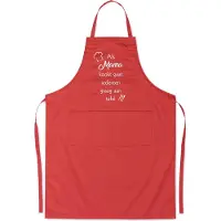 Kariban mijncadeautje - luxe schort - rood - Als mama kookt, gaat iedereen graag aan tafel - opdruk wit