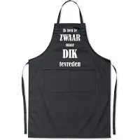 Kariban Mijncadeautje Schort - "Te ZWAAR maar DIK tevreden" - opdruk wit - exclusieve keuken- en barbecueschort - zwart