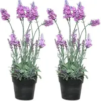 Everlands 2x stuks lavendel kunstplant in pot - roze paars - D18 x H38 cm - Kunstplanten