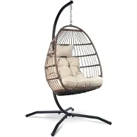 Vita5 Egg Hangstoel – Voor Binnen en Buiten – tot 150kg – Opvouwbaar - Incl. Standaard & Kussen – Cocoon Stoel - Crème Wit