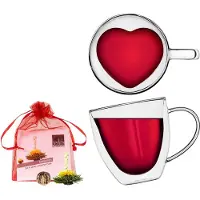 Feelino 1X Dubbelwandige Glazen Theekop, Theeglazen in Hartvorm, 350 ml Dubbelwandige Theeglazen, Vaatwasserbestendig Theeglas, Thermo-Theeglazen, Theeglazen met Zwevend Effect
