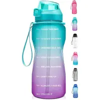 FLOOQ - Waterfles - Bidon - Sportdrankfles - Grote waterfles - Rietje - 2 Liter - Lekvrij - Tijdsmarkering - Motivatie Waterfles - Groen/Paars