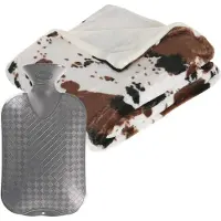 Atmosphera Fleece deken/plaid koeien-printbruin 130 x 160 cm en een warmwater kruik 2 liter - Plaids