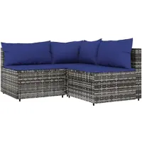 vidaXL 3-delige Loungeset met kussens poly rattan grijs