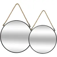 Atmosphera Set van 2x spiegels/wandspiegels rond metaal zwart met touw - Spiegels