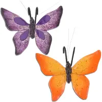 Pro Garden Tuindecoratie bloempothanger vlinder - set 2x - paars/oranje - kunststeen - 13 x 10 cm - Tuinbeelden