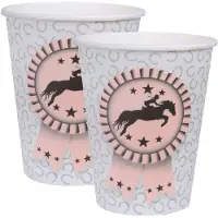 SANTEX feest wegwerp bekertjes - paarden - 20x stuks - 270 ml - lichtgrijs/roze - karton - Feestbekertjes