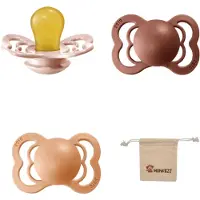 BIBS Supreme Fopspenen - Maat 1 0-6 maanden - Latex – Blush - Peach – Woodchuck + Monkiezz speenzakje