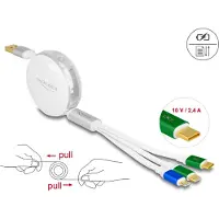 DeLOCK USB 3 in 1 Retractable Charging Cable Type-A to Micro USB / 2 x USB Type-C with Fast Charging white