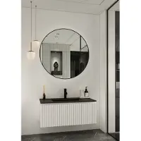Fontana Lento wit badkamermeubel ribbelfront met zwarte wastafel 100cm 1 kraangat en ronde spiegel