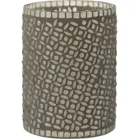 J-Line Windlicht / theelichthouder / waxinelichtjeshouder met bolletjes en strepen - Grijs / transparant - 12.5 x 12.5 x 17 cm hoog.