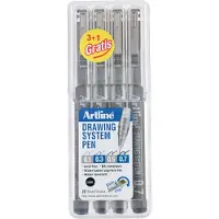 Artline Drawing System - 1 x set van 4 Fineliners - 0.1-0.3-0.5-0.7mm Lijndiktes - Zwart