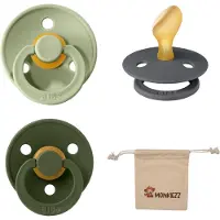 BIBS Dental fopspenen Anatomical 6-18 maanden- Set 3 stuks- Sage, Iron, Hunter Green - + Monkiezz speenzakje - orthodontisch- Anatomisch- Maat 2
