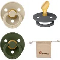 BIBS Dental fopspenen Anatomical 6-18 maanden- Set 3 stuks- Vanilla, Iron, Hunter Green - + Monkiezz speenzakje - orthodontisch- Anatomisch- Maat 2