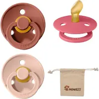 BIBS Dental fopspenen Anatomical 0-6 maanden- Set 3 stuks- Blush, Woodchuck, Coral- + Monkiezz speenzakje - orthodontisch- Anatomisch- Maat 1