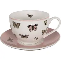 Clayre & Eef Kop en Schotel 200 ml Wit Roze Porselein Vlinders Servies Wit Servies