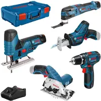 Bosch Combinatie set met 5 gereedschappen van 12V: GSR, GST, GOP, GKS, GSA, plus 3x GBA 3.0Ah accu's, oplader GAL en XL-BOXX opbergkoffer