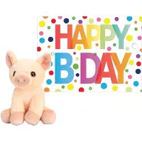 Keel Toys Pluche dieren knuffel varken 12 cm met Happy Birthday wenskaart - Knuffel boederijdieren