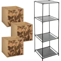 Bathroom Solutions Kastmandjes/opberg mandjes - naturel/print - 3x stuks van 29 Liter - In rekje van 34 x 98 cm - Opbergmanden
