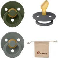 BIBS Dental fopspenen Anatomical 0-6 maanden- Set 3 stuks- Hunter Green, Iron, Pine- + Monkiezz speenzakje - orthodontisch- Anatomisch- Maat 1