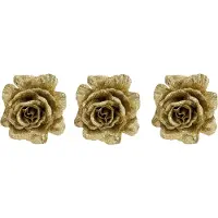 COSY&TRENDY 4x stuks decoratie bloemen roos goud glitter op clip 10 cm - Decoratiebloemen/kerstboomversiering/kerstversiering