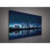Canvas Schilderij - New York - Stad - Lichten - Skyline - Toren - Blauw - Gebouw - Schilderij Woonkamer - Schilderijen op - Inclusief Frame - 45x145cm (LxB)