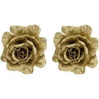 Cosy & Trendy 2x stuks decoratie bloemen roos goud glitter op clip 10 cm - Kunstbloemen