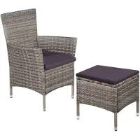 vidaXL Tuinstoel en kruk met kussens poly rattan grijs