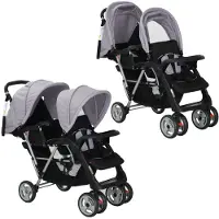 vidaXL Kinderwagen dubbel staal grijs en zwart