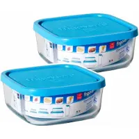 Bormioli Rocco 2x Bewaarbakjes/vershoudbakjes van glas vierkant met deksels 340 ml - Vershoudbakjes