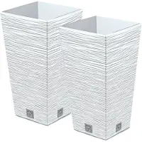 Prosperplast Plantenpot/bloempot Furu Stripes - 2x - voor buiten - kunststof - wit - vierkant - D24 x H45 cm - Plantenpo
