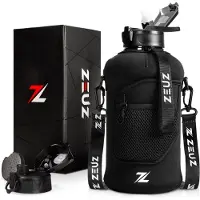 ZEUZ Grote Waterfles 2,2 Liter met Handvat – 2200 ML Drinkfles met Rietje & Bidon - BPA Vrij – 2.2 L - Zwart
