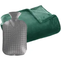 Atmosphera Fleece deken/plaid Groen 130 x 180 cm en een warmwater kruik 2 liter - Plaids