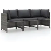 vidaXL Tuinbank 3-zits met kussens poly rattan grijs