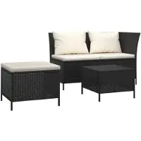 vidaXL 3-delige Loungeset met kussens poly rattan zwart